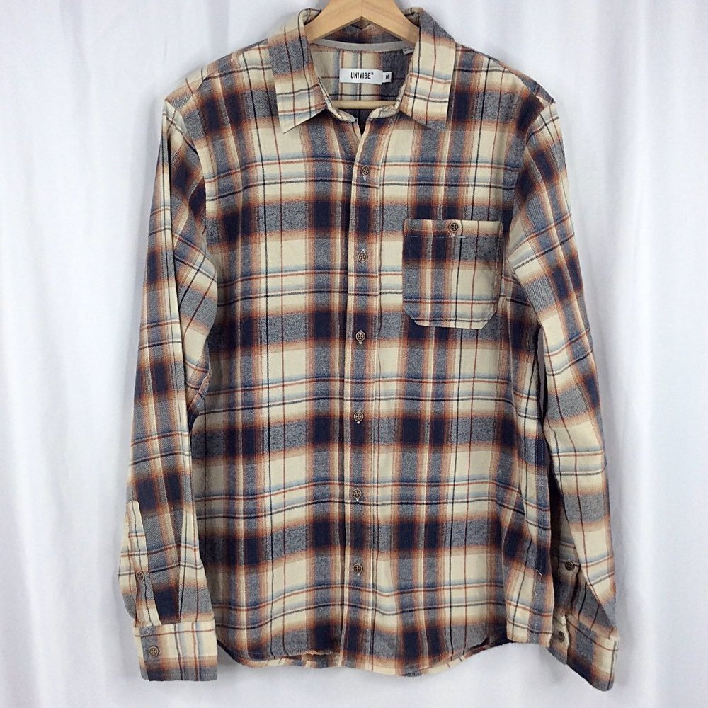 UNIVIBE Men's Shirt Size‎ Medium Plaid Flannel Long Sleeve Button Down Brown